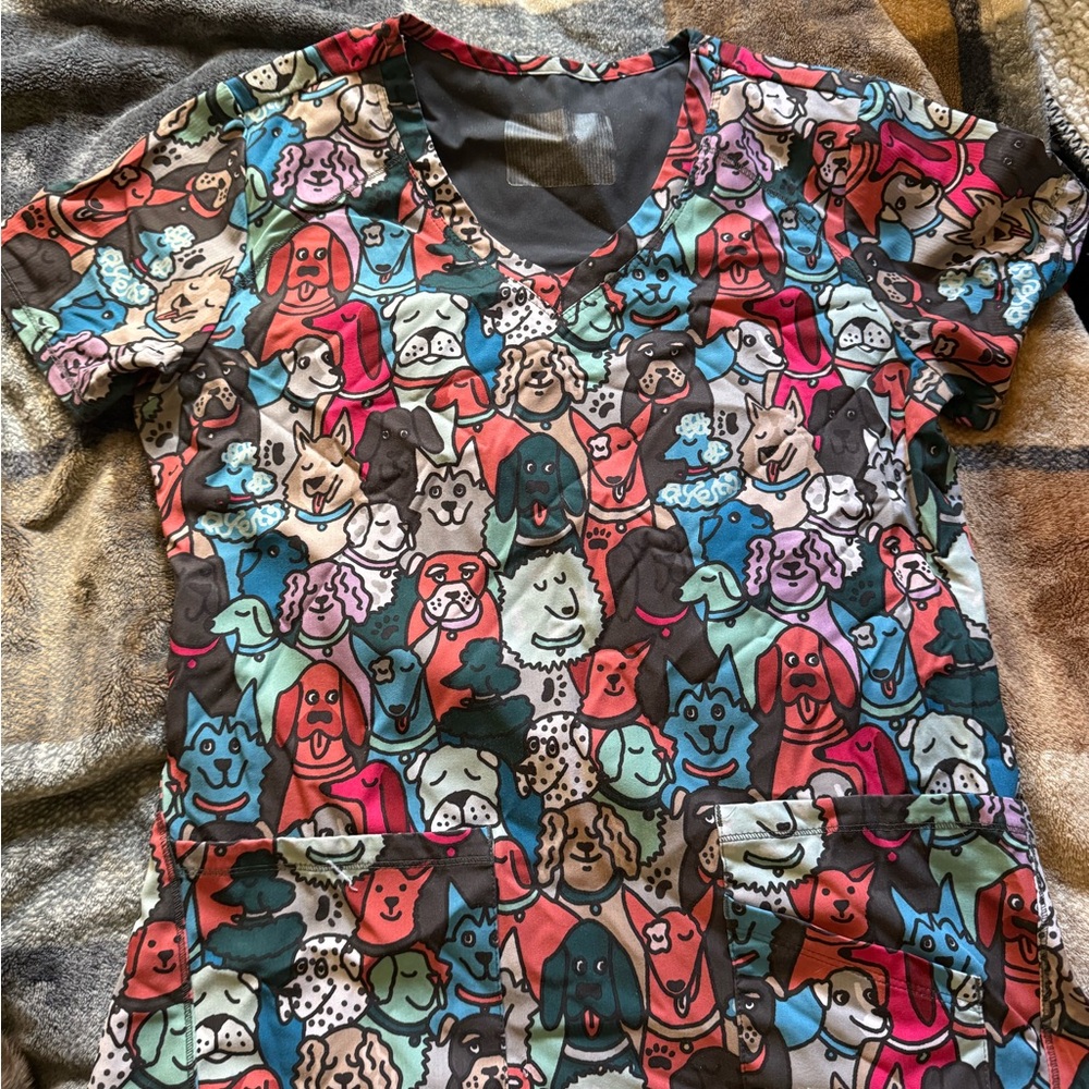Colorful Dog Print V-Neck Scrub Top